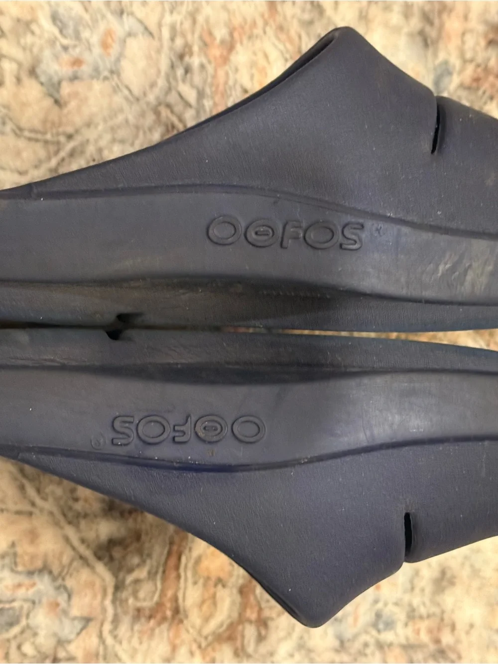 OOFOS Navy Blue Slide Sandals with White Logo